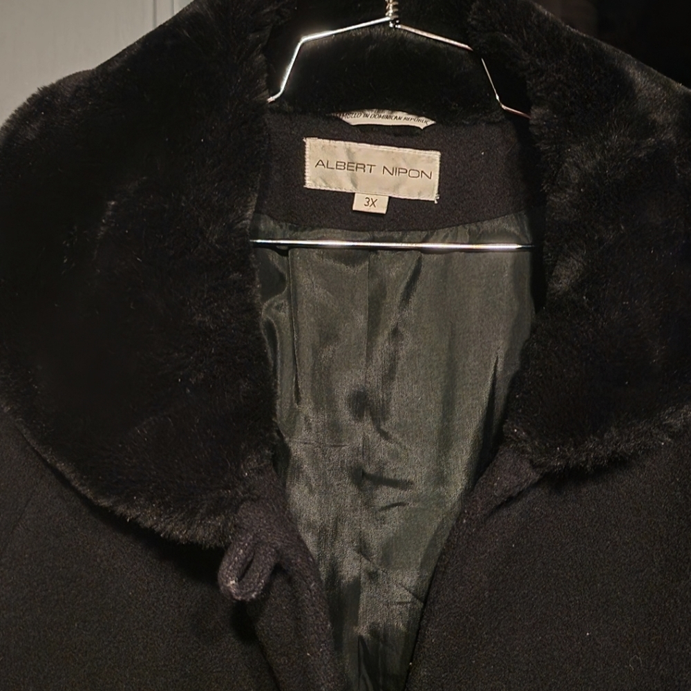 Albert Nipon Black 100% Wool Coat W/Faux Fur Trim… - image 2
